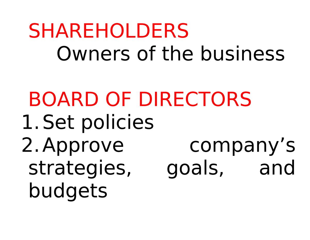 Roles-organizational-chart - SHAREHOLDERS Owners of the business BOARD ...