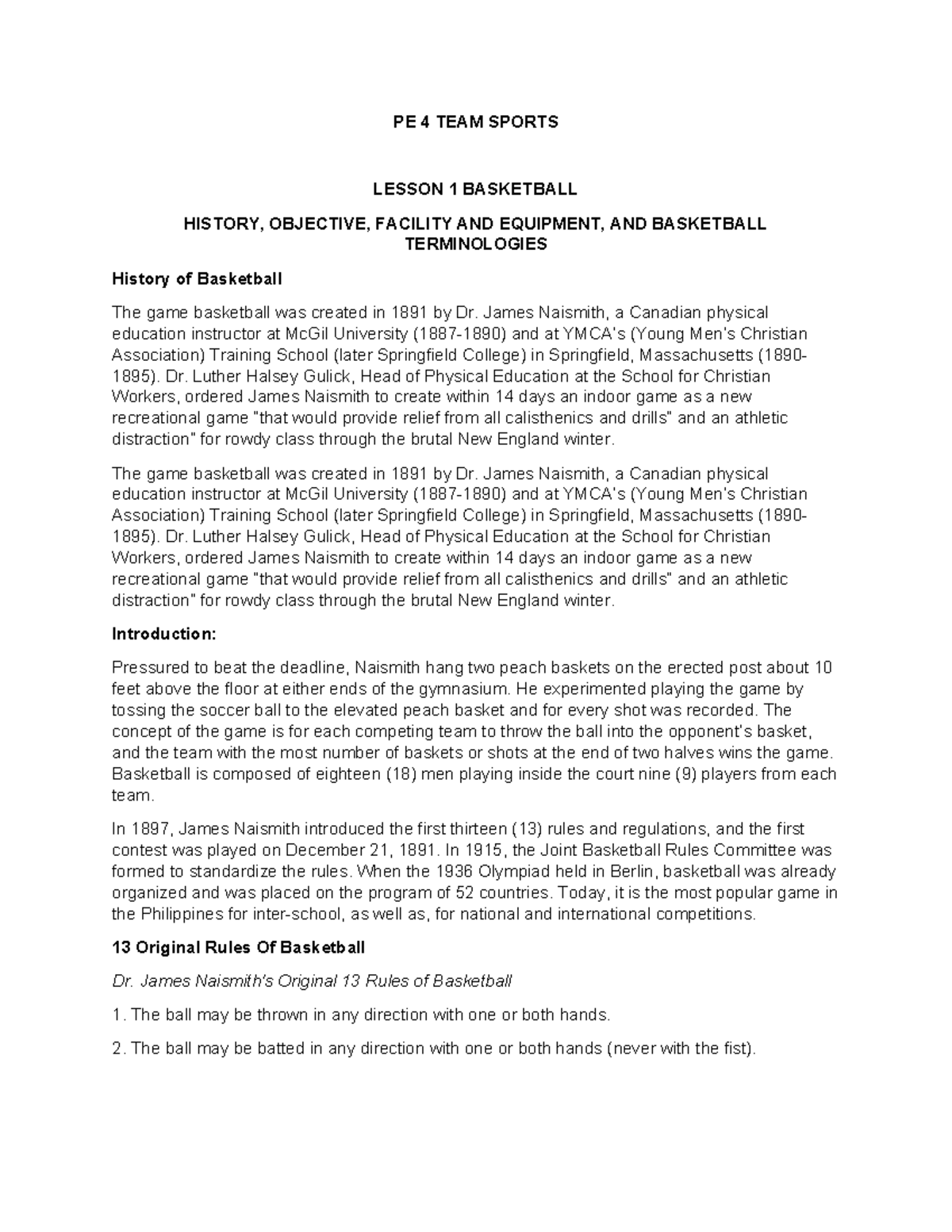 PE 4 TEAM Sports Prelim PE 4 TEAM SPORTS LESSON 1 BASKETBALL