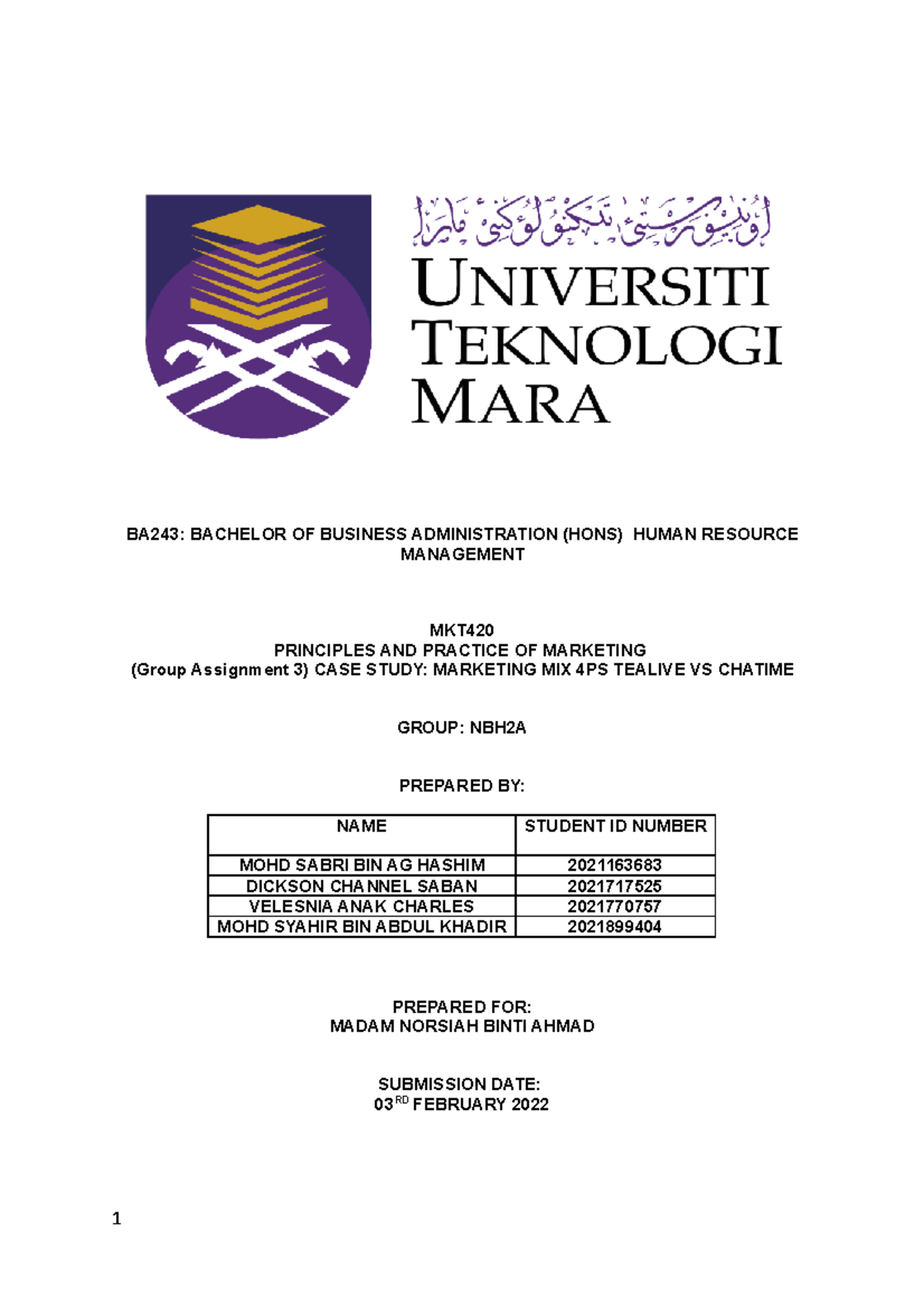 Mkt420 Assignment 3 - Ba243: Bachelor Of Business Administration (hons 