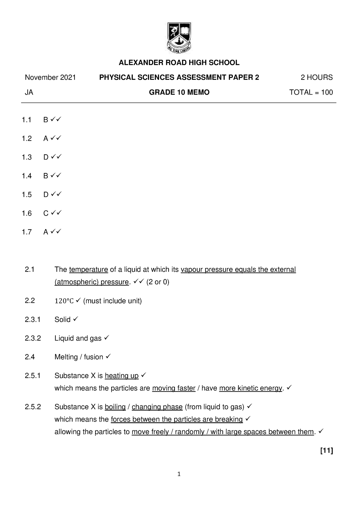 10Sci 2021 November Assessment Paper 2 MEMO - ALEXANDER ROAD HIGH ...