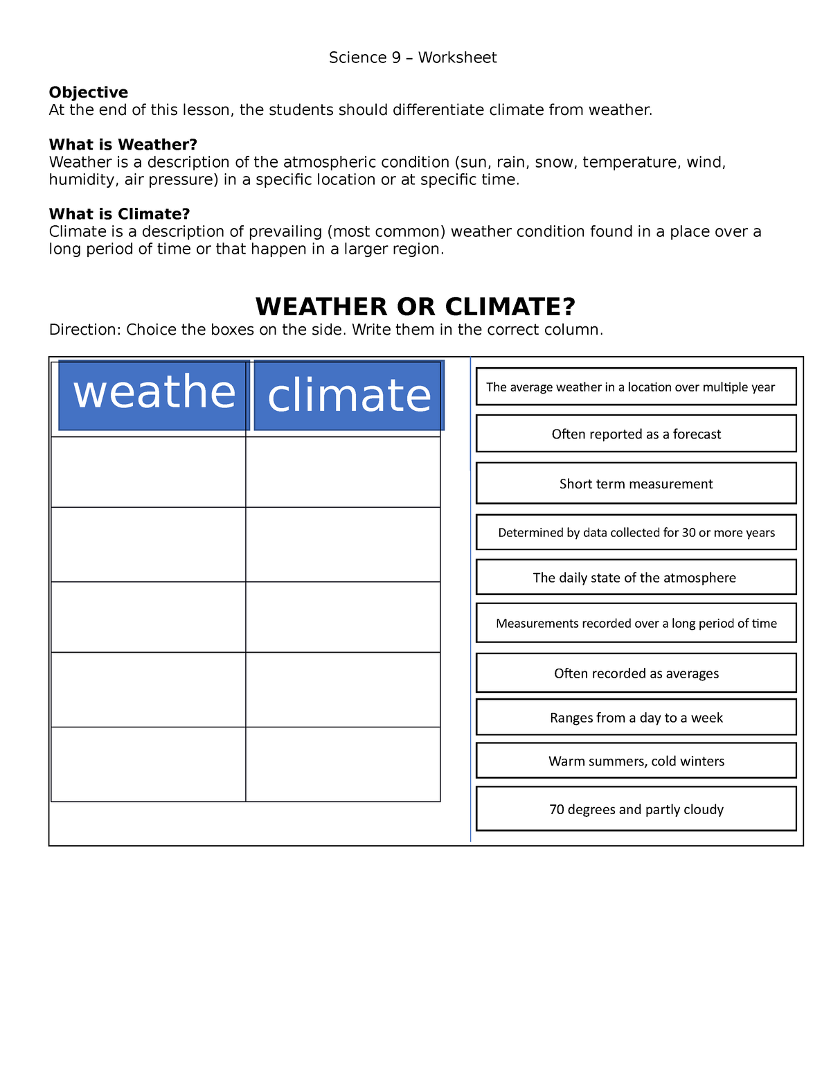 Climate and weather Science 9 Worksheet Objective At the end of