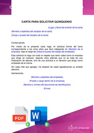 Carta para solicitar quinquenio - CARTA PARA SOLICITAR QUINQUENIO CARTA  PARA SOLICITAR QUINQUENIO - Studocu