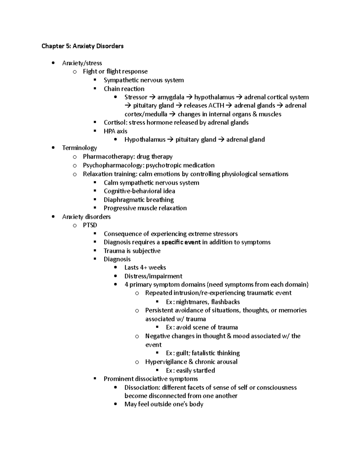 Exam 2 Review - Chapter 5: Anxiety Disorders Anxiety/stress o Fight or ...