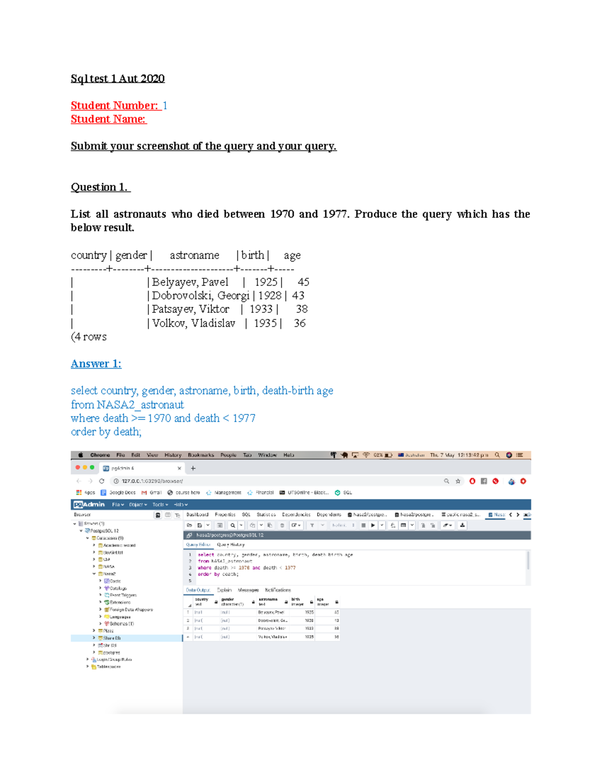 Sql test 1aut2020 - full marks - Sql test 1 Aut 2020 Student Number: 1 ...