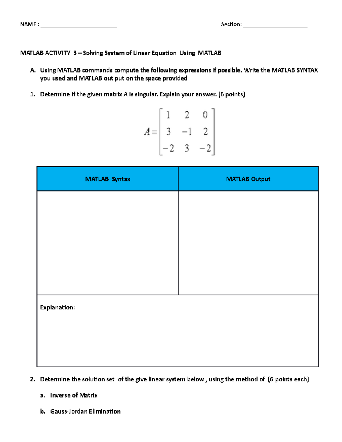 Matlab Activity 3 NAME _________________________ Section