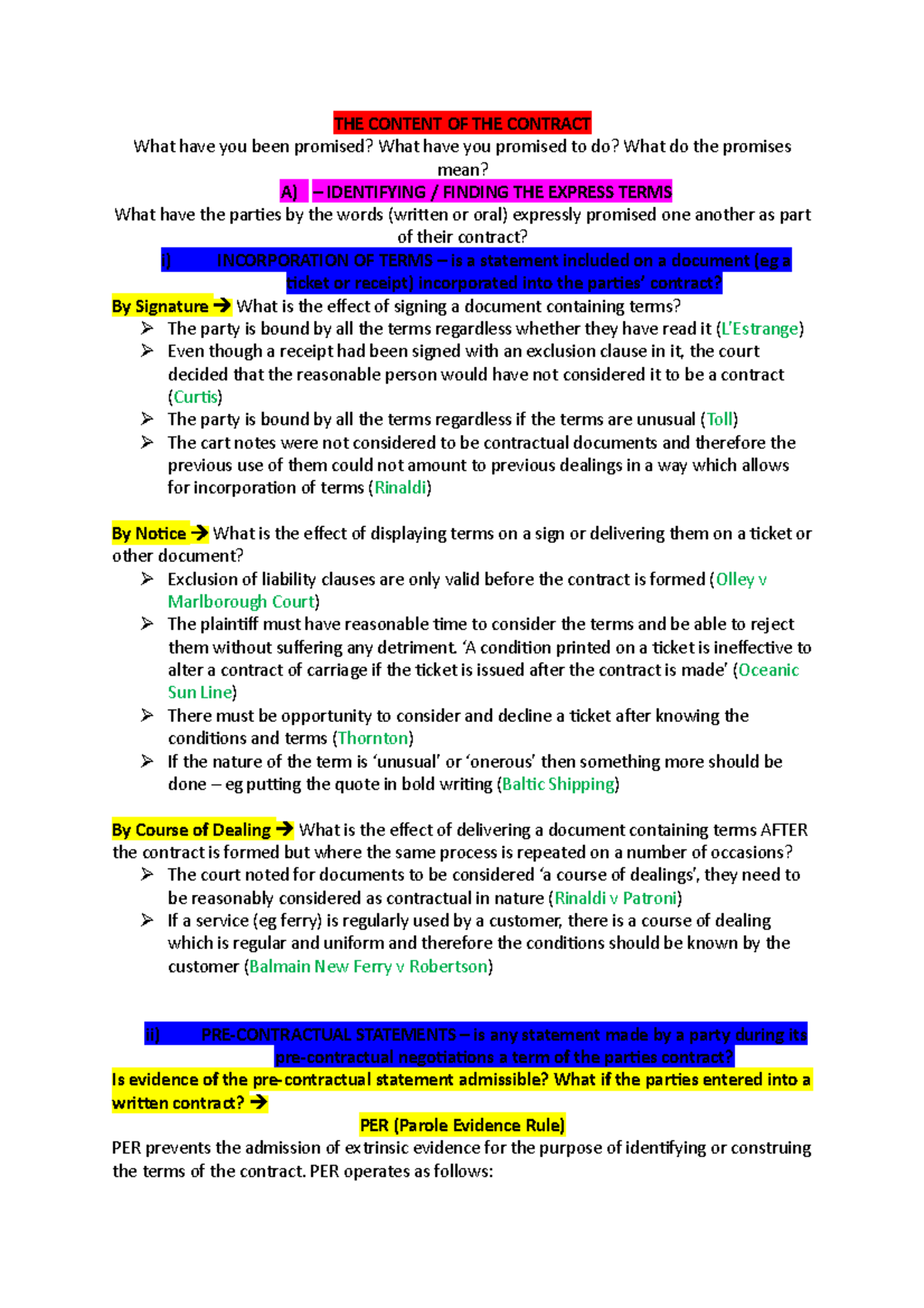 Contract B Notes - THE CONTENT OF THE CONTRACT What Have You Been ...