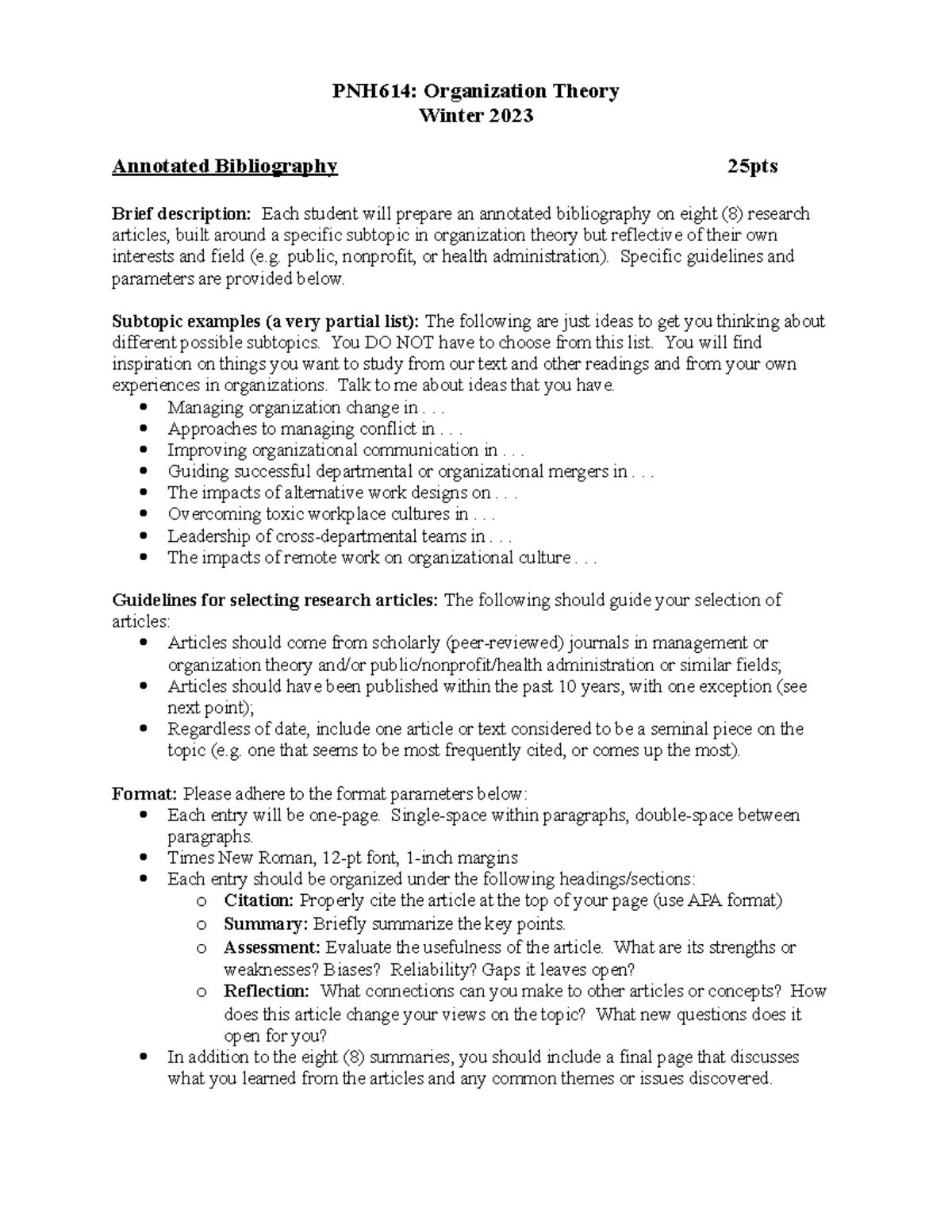 Annotated Bibliography Description - PNH614: Organization Theory Winter ...