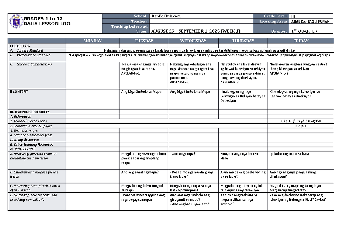 DLL Araling Panlipunan 3 Q1 W1 - GRADES 1 to 12 DAILY LESSON LOG School ...