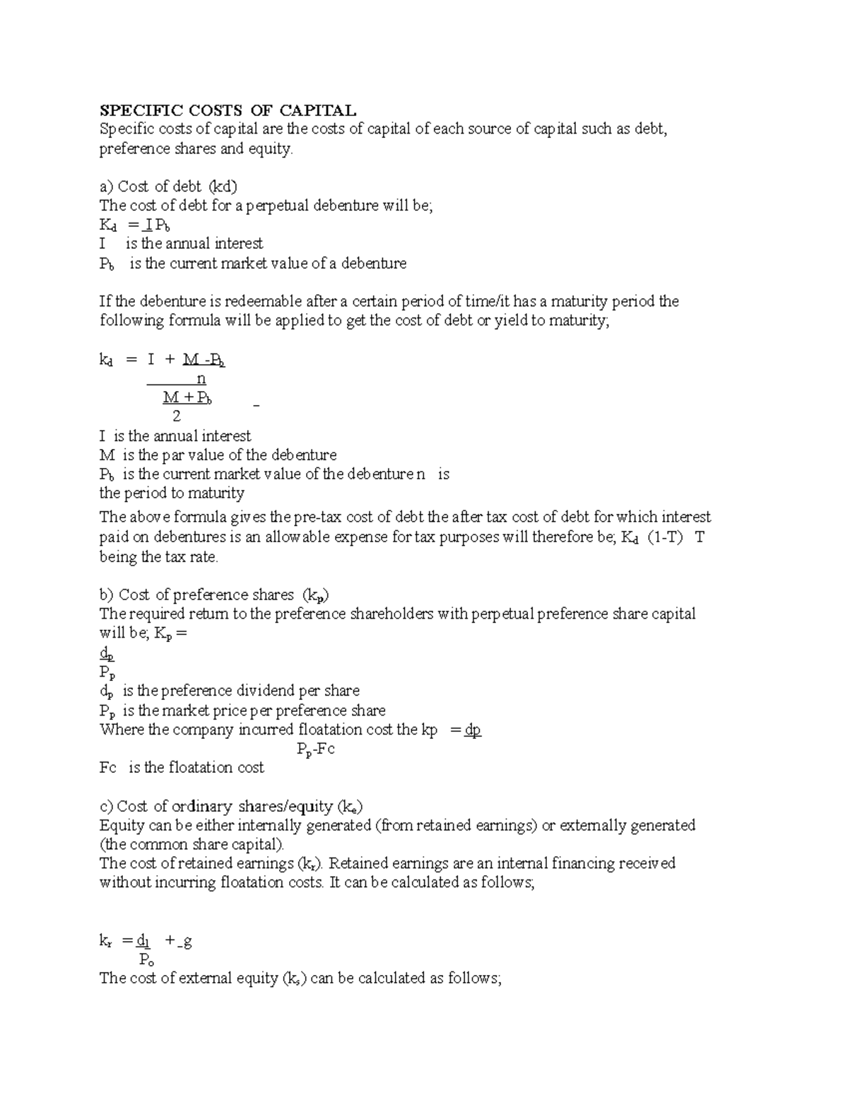 Specific Costs OF Capital - SPECIFIC COSTS OF CAP ITAL Specific costs ...