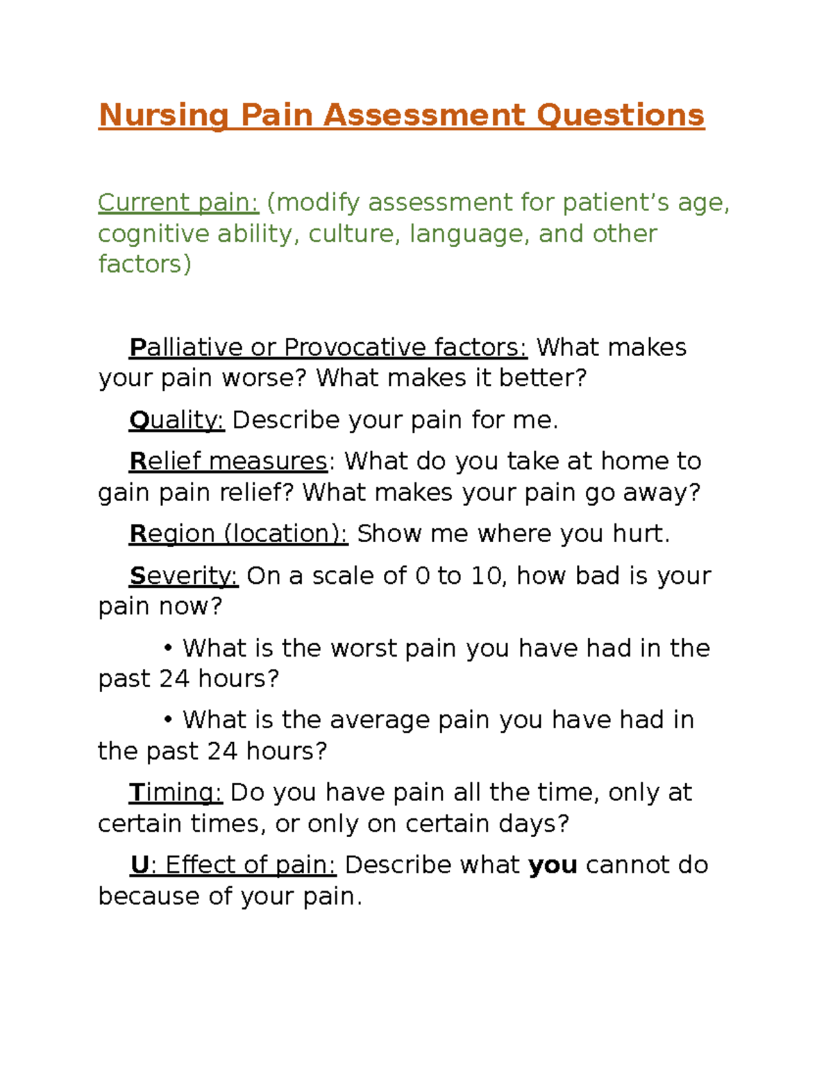 Nursing Pain Assessment Questions - Nursing Pain Assessment Questions ...