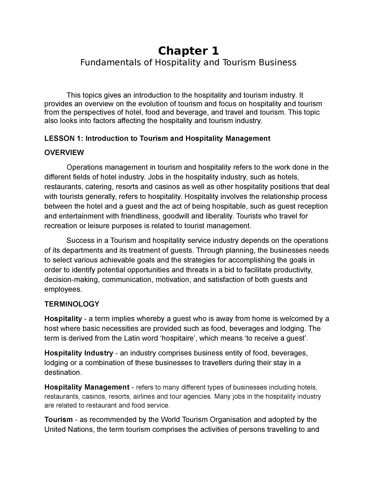 Fundamentals Of Hospitality And Tourism Business - Studocu