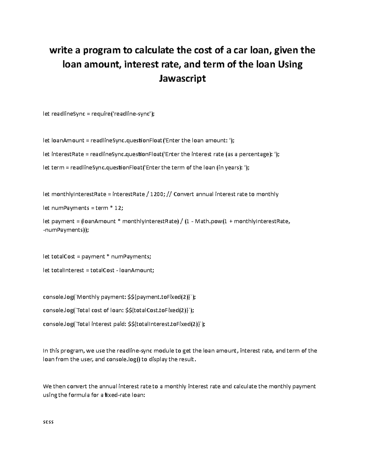 Using Javascript - write a program to calculate the cost of a car loan ... image.