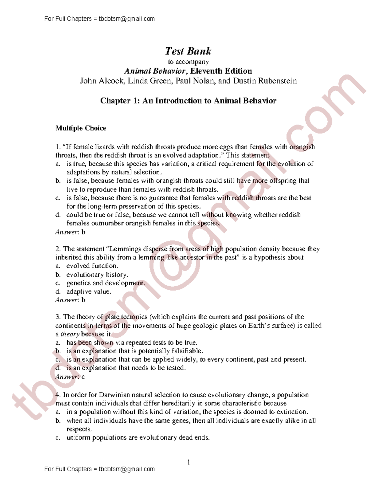 Solutions and Test Bank For Animal Behavior 11th Edition 11e by Dustin