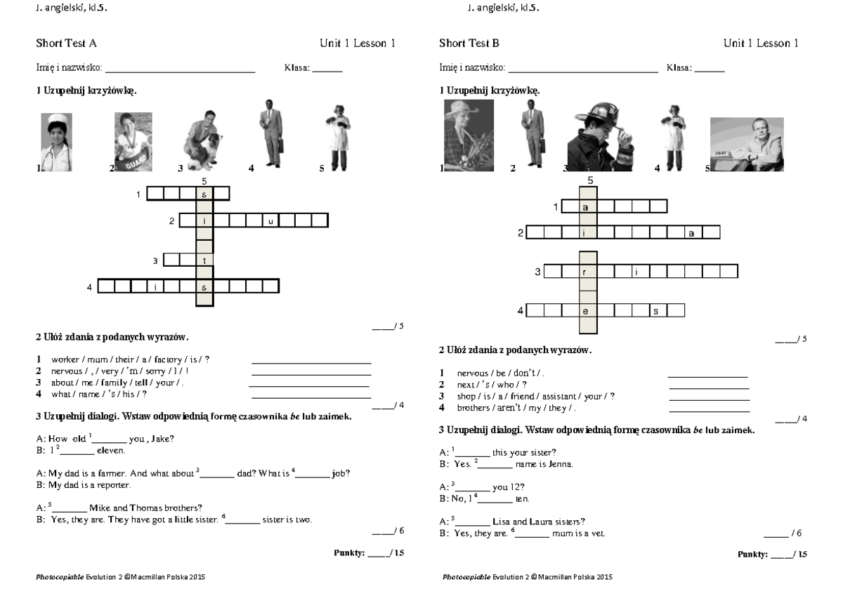 Evolution Plus Klasa 6 Testy Pdf Evo Plus 2 - Testy - Angielski - Short Test A Unit 1 Lesson 1 Imię i