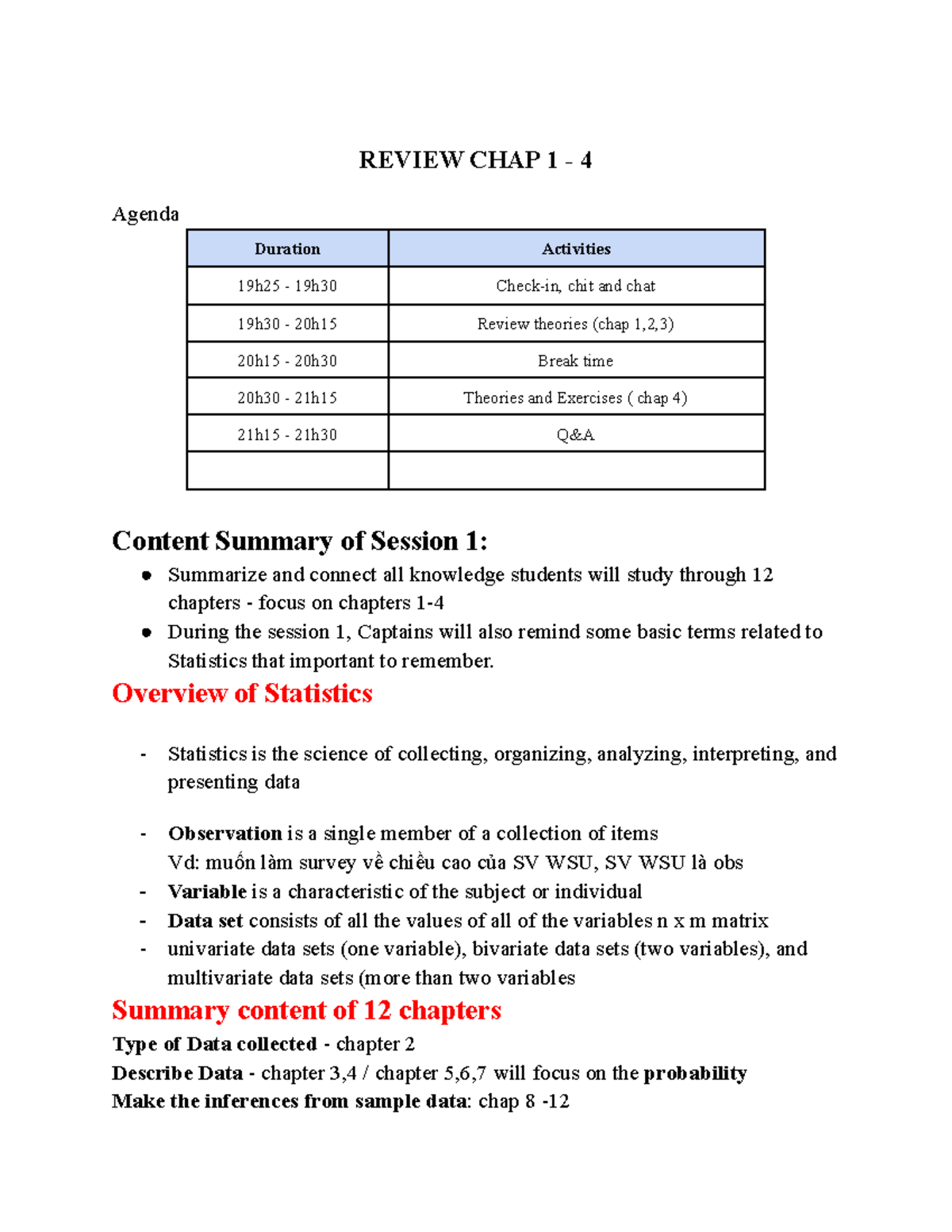 Note SS1 - note session 1 - REVIEW CHAP 1 - 4 Agenda Duration ...