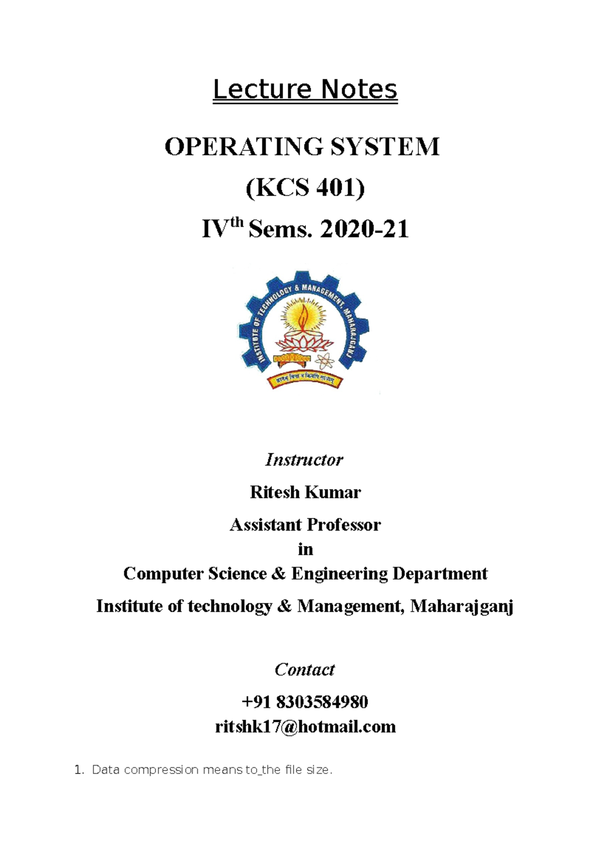 Data compression unit i unit 2 unit 3 unit 4 - Lecture Notes OPERATING ...