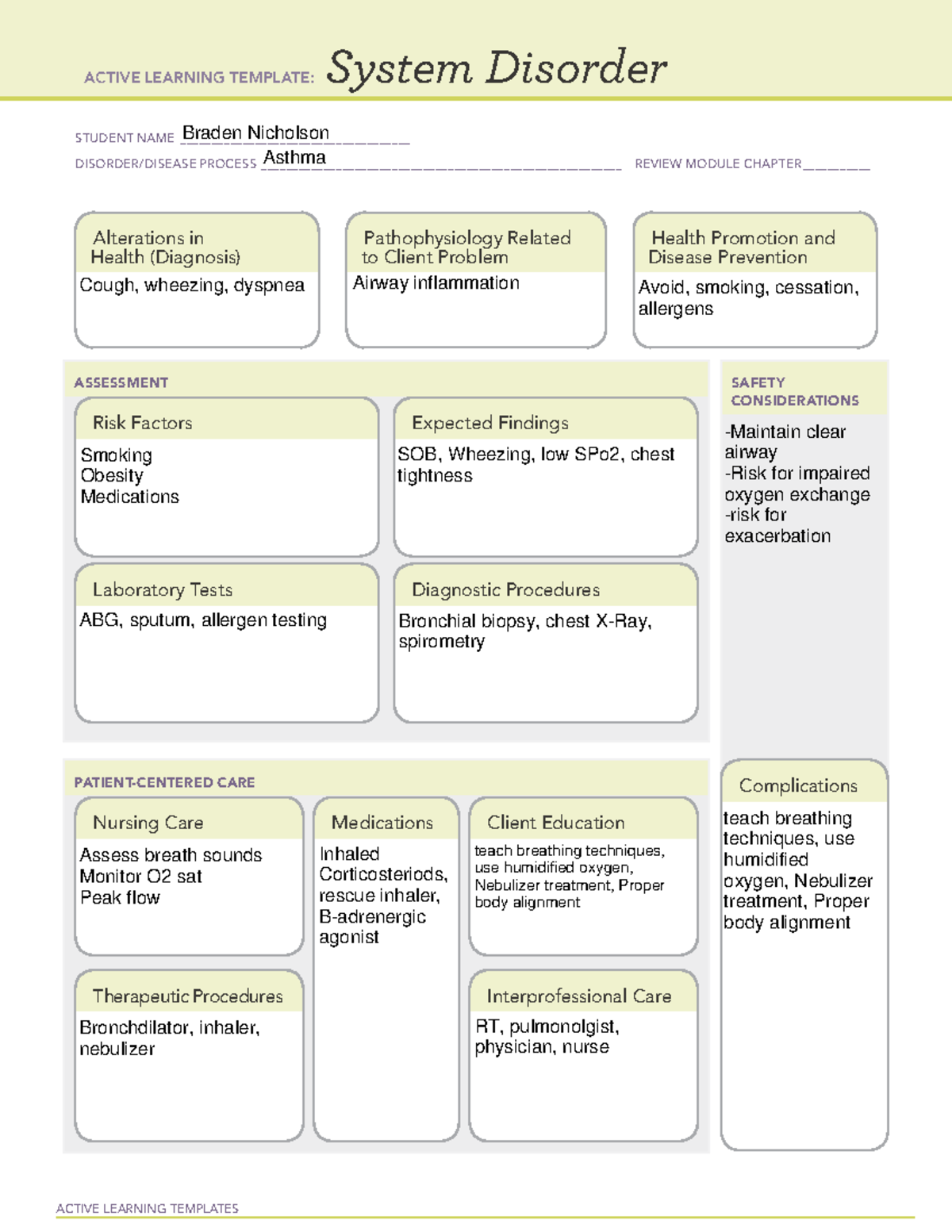 Asthma - ATI - ACTIVE LEARNING TEMPLATES System Disorder STUDENT NAME ...