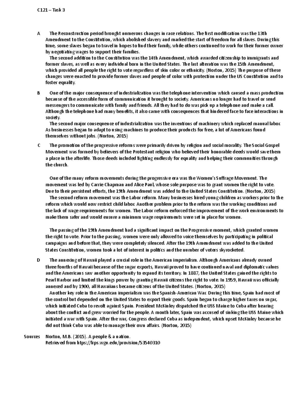 C121 Task 3 - Task 3 History - C121 – Task 3 A The Reconstruc on period ...