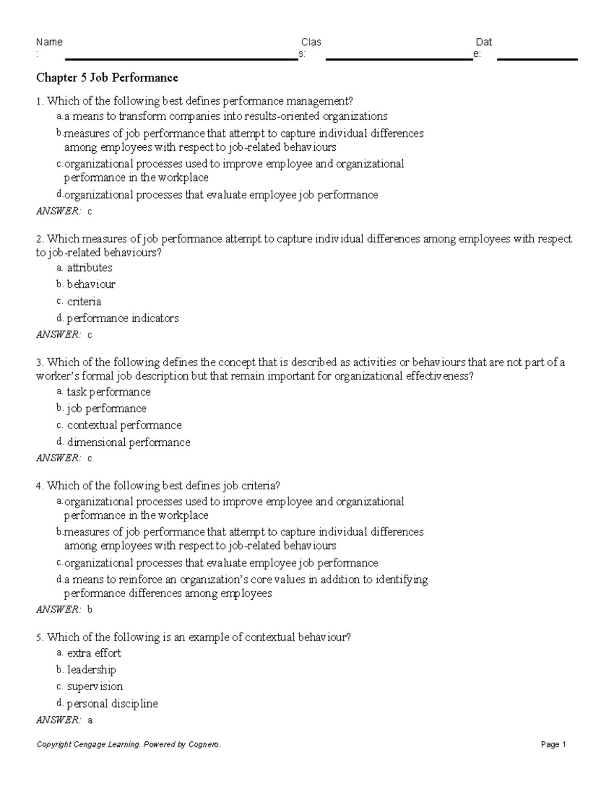 Recruitment & Selection BADM 3350 Chapter 5 Job Performance - : s: e ...