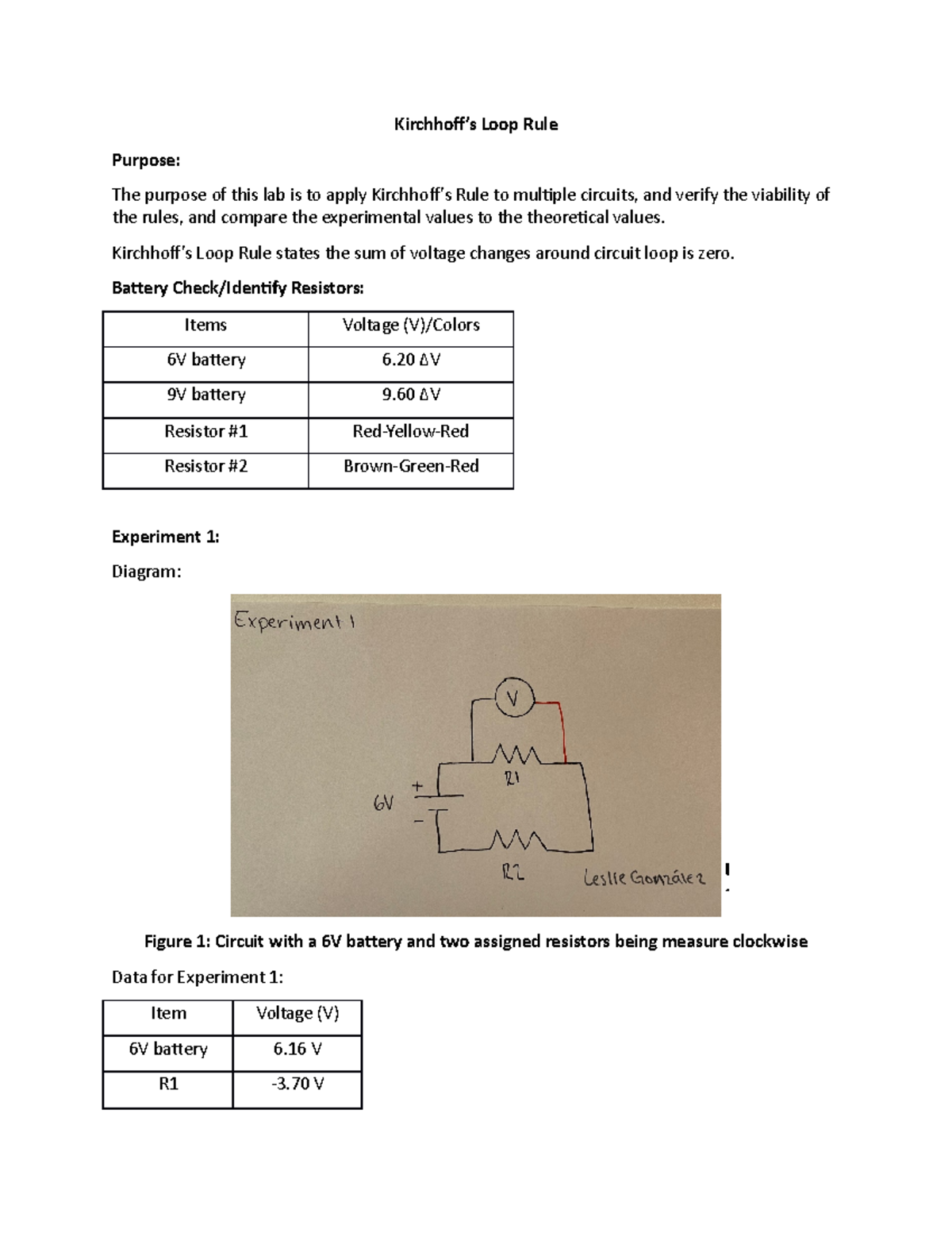 Kirchhoff's Loop Rule Lab Report Kirchhoff’s Loop Rule Purpose The