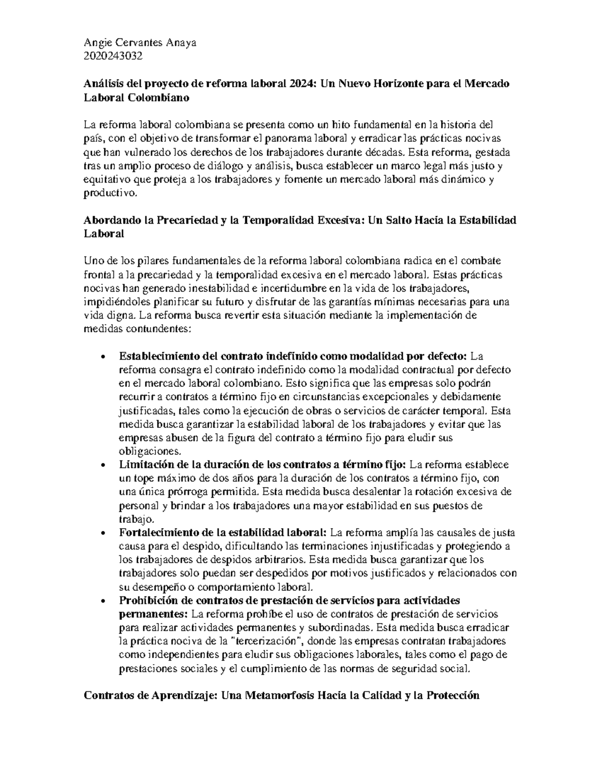 Reforma Laboral - Analísis - 2020243032 Análisis del proyecto de ...