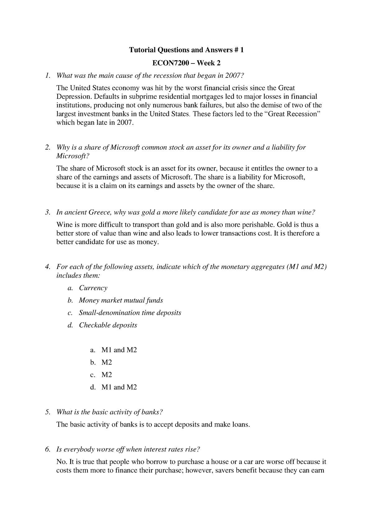 Tutorial 1 QA - TOPIC 1 - Tutorial Questions and Answers # 1 ECON7200 ...