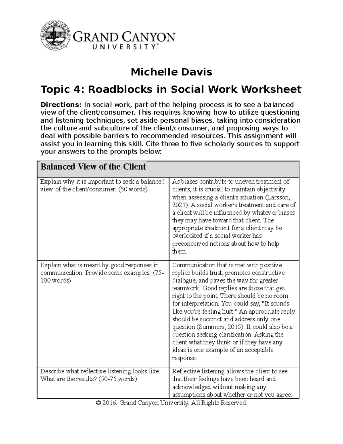 SOC 445 RS T4 Roadblocks Social Work Worksheet - Michelle Davis Topic 4 ...