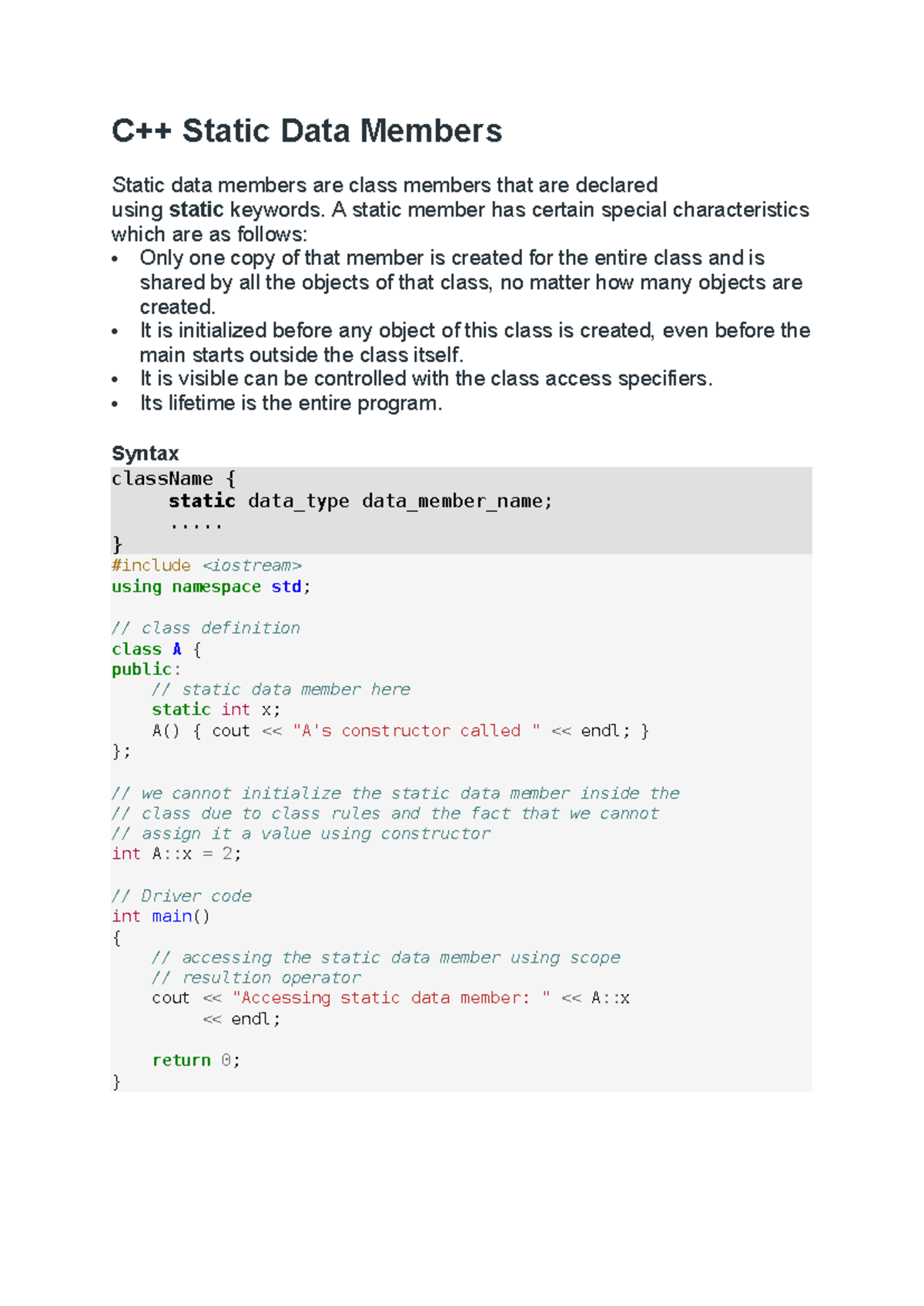 C++ - static data members - C++ Static Data Members Static data members ...