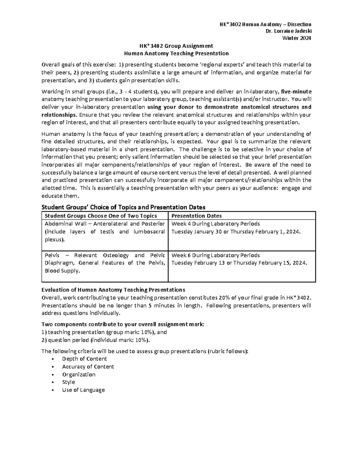 5 3402 W24 Teaching Presentation Assignment - HK*3402 Human Anatomy ...