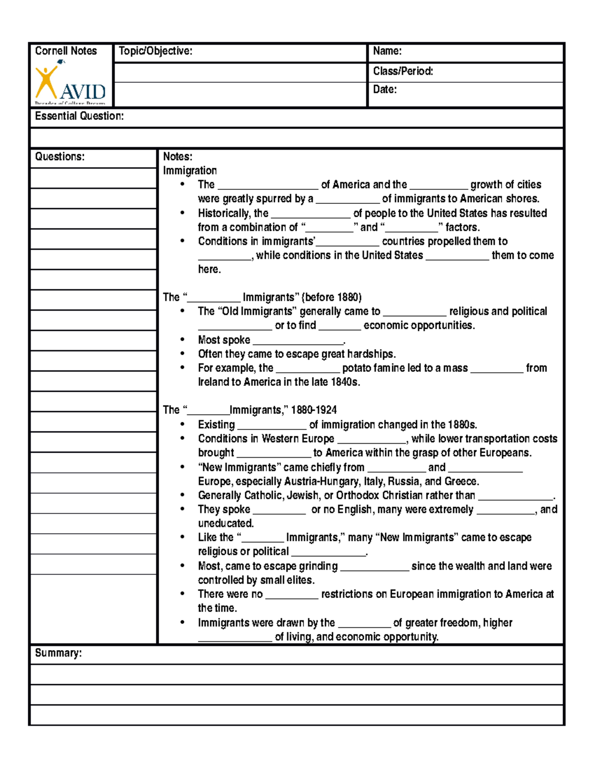 Immigration Cornell Notes - Cornell Notes Topic/Objective: Name: Class ...