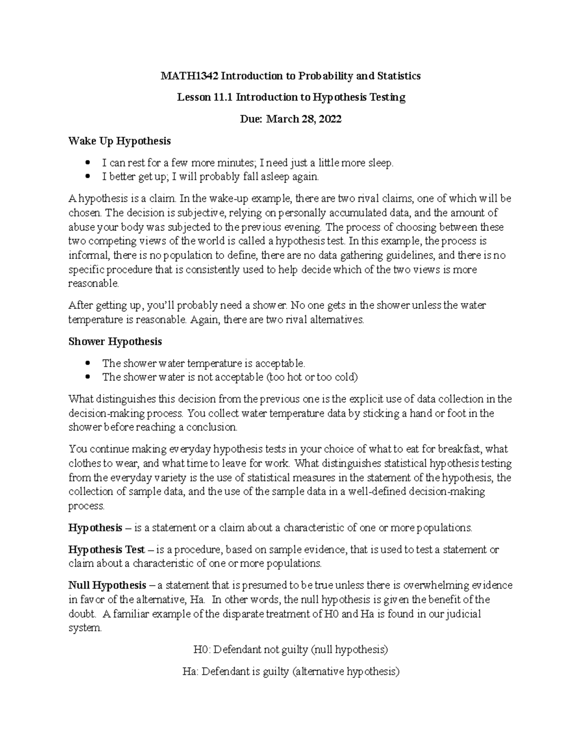 MATH1342 Lesson 11.1 Introduction to Hypothesis Testing - MATH1342 ...