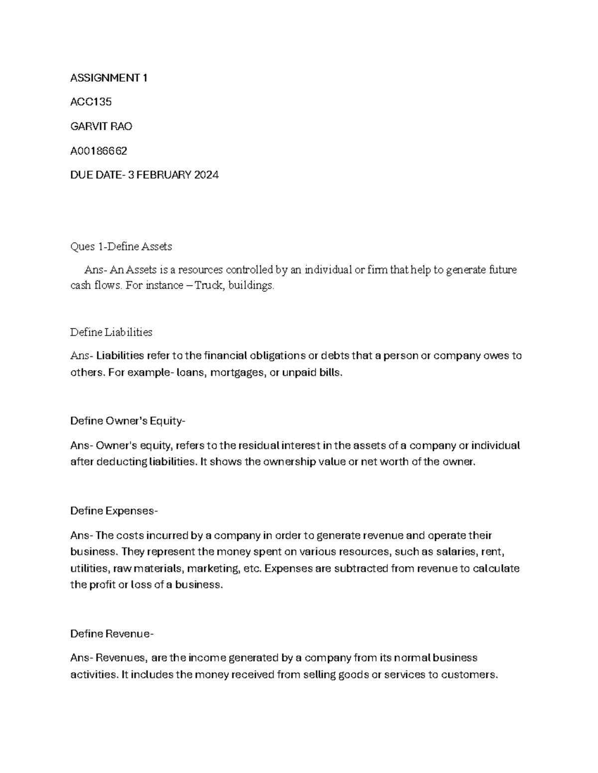 Document 1 - Assignment - ASSIGNMENT 1 ACC GARVIT RAO A DUE DATE- 3 ...