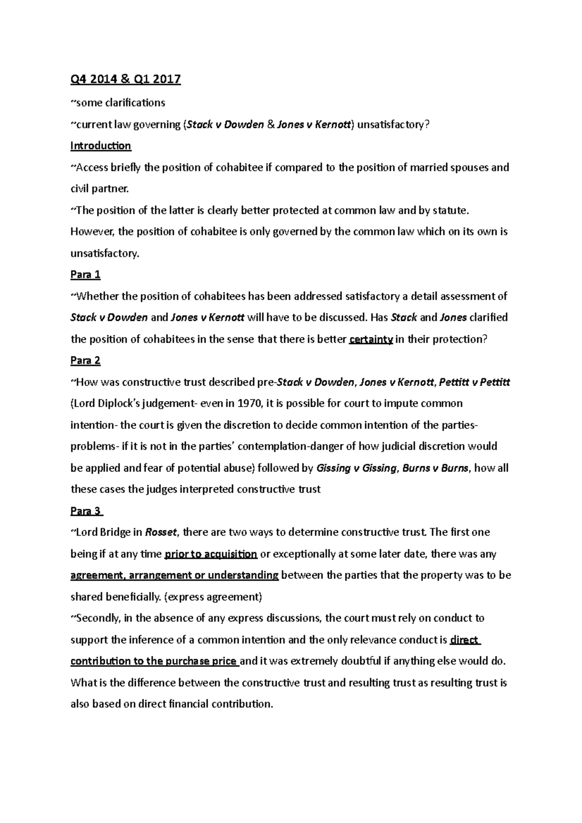 (Essay) Stack v Dowden, Jones v Kernott - Q4 2014 & Q1 2017 ~some ...