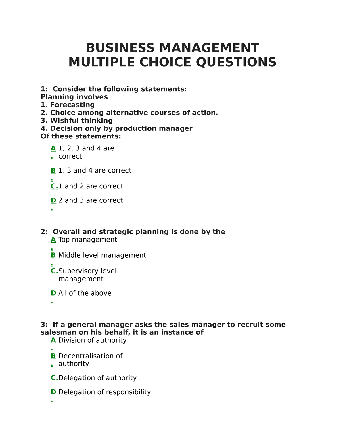 multiple choice questions about business plan