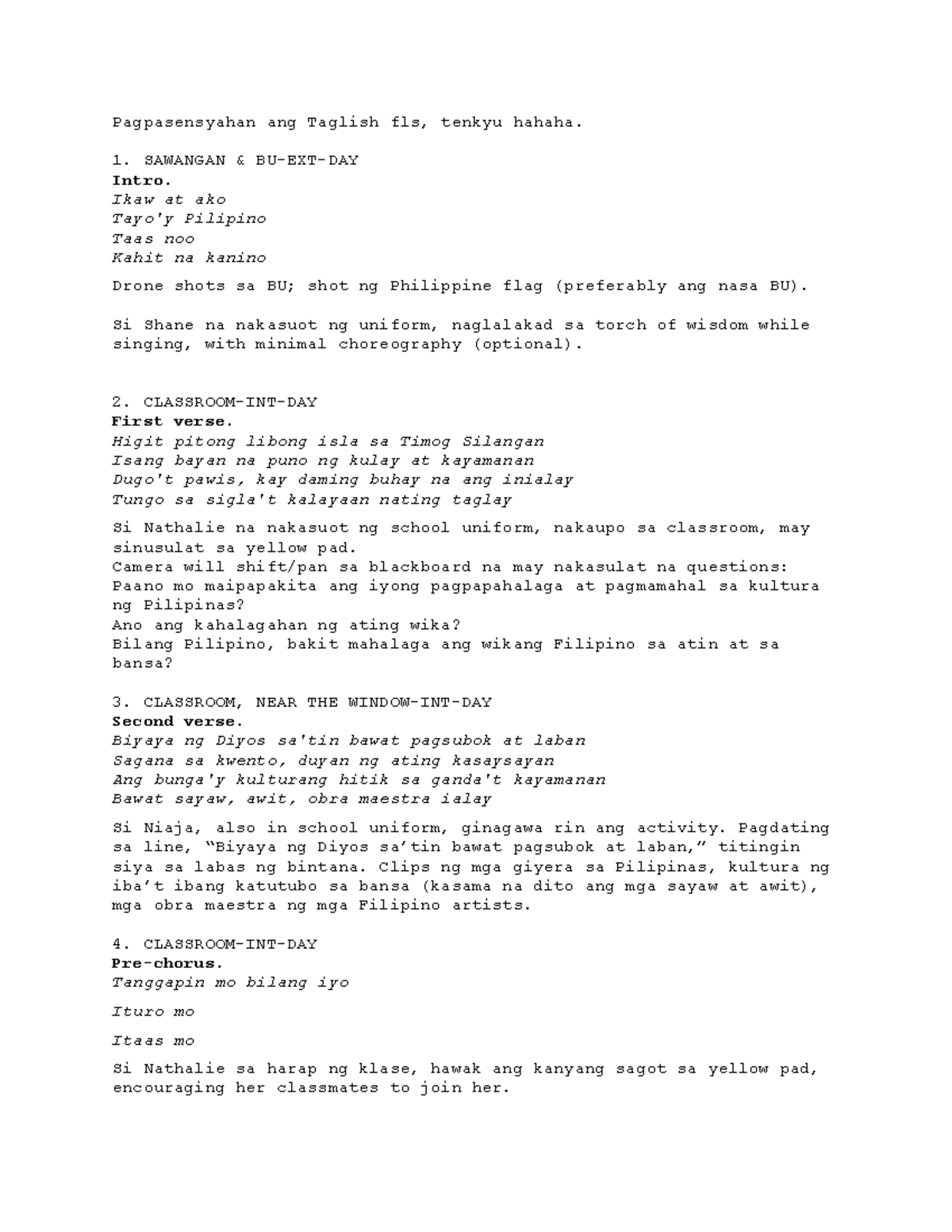 Music Video Script - Pagpasensyahan ang Taglish fls, tenkyu hahaha. 1 ...