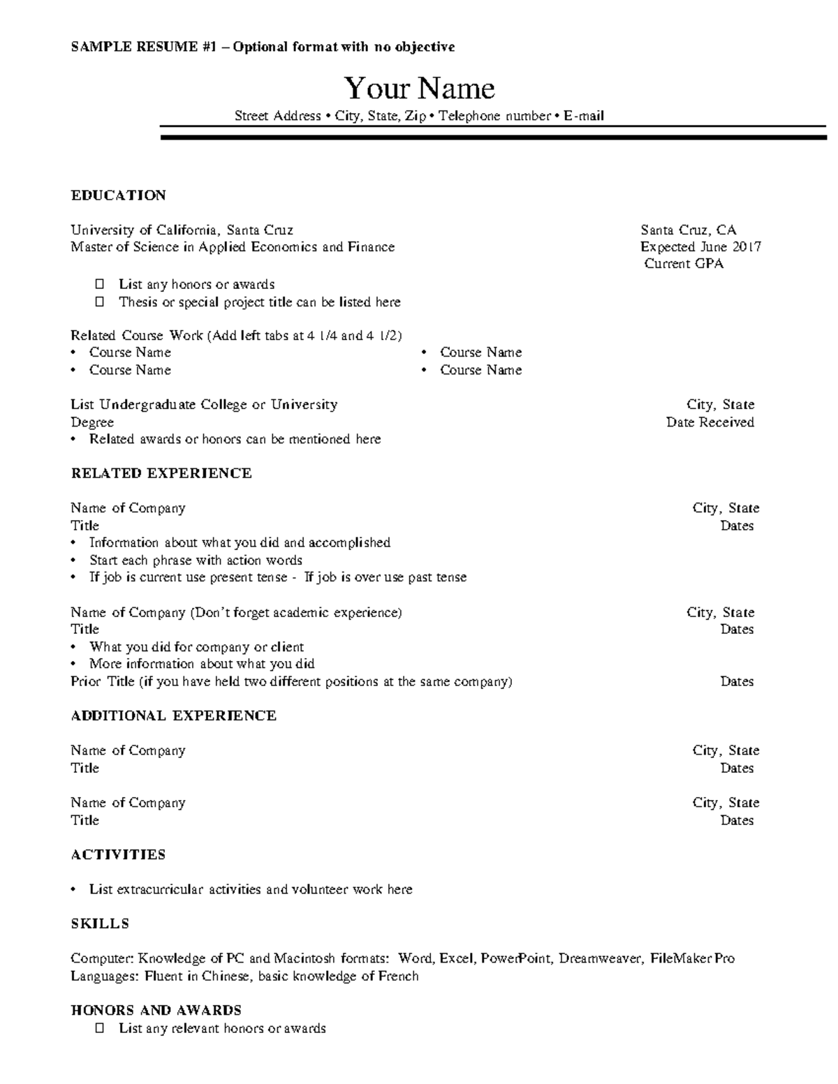 Sample-resumes - needy - SAMPLE RESUME #1 – Optional format with no o b ...