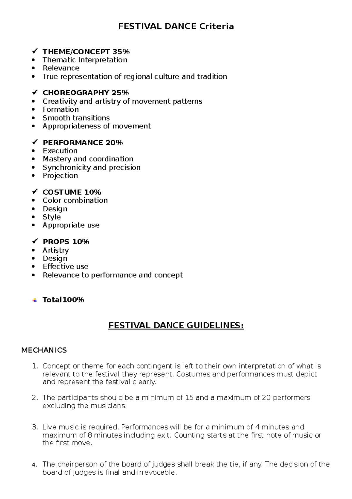 Festival Dance Criteria - FESTIVAL DANCE Criteria THEME/CONCEPT 35% ...