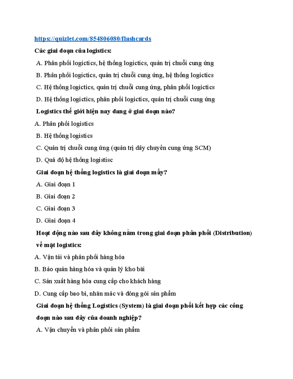 TN Logistics quizlet/854806080/flashcards Các giai đoạn của logistics