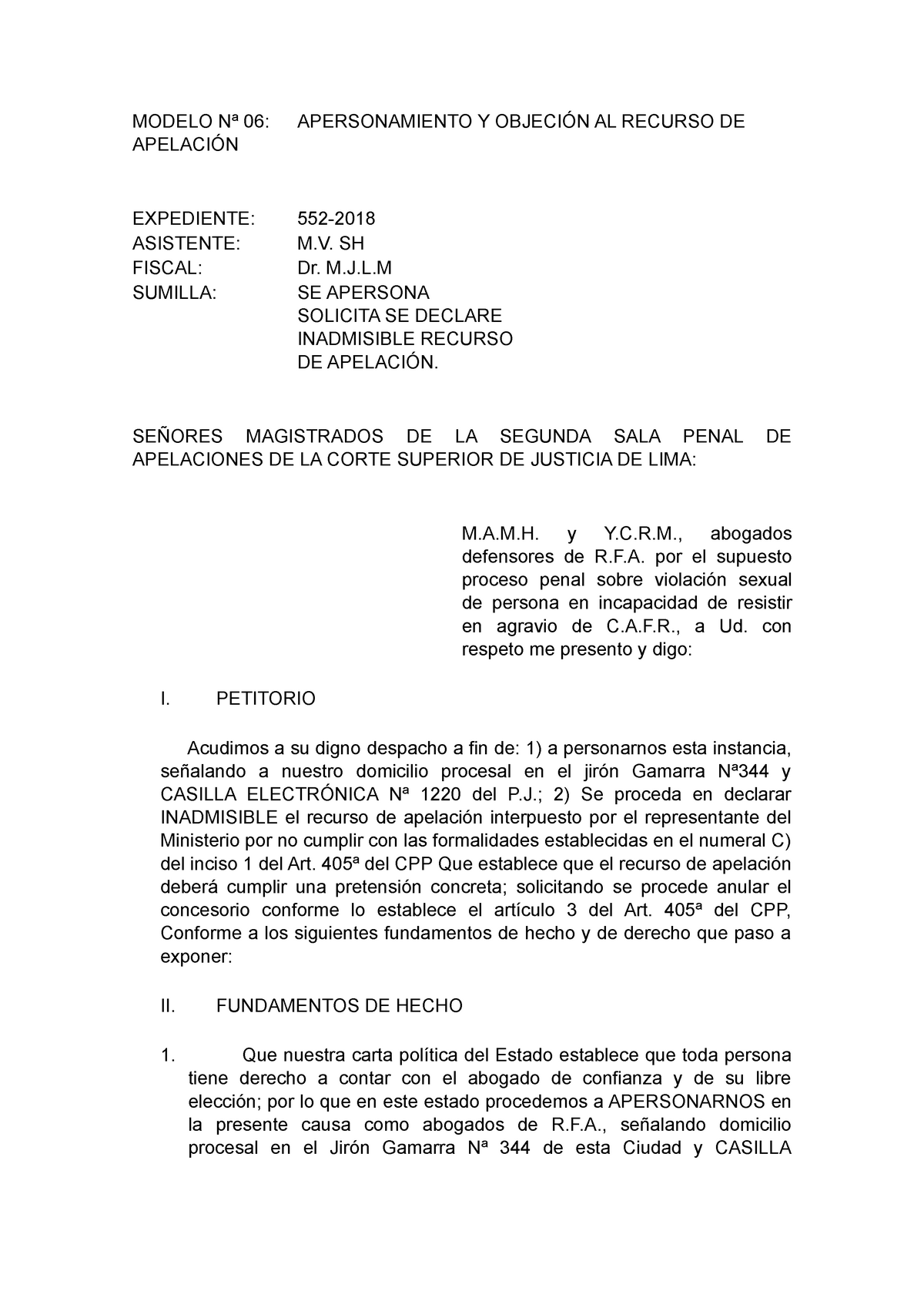 06 Modelo De Apersonamiento Y Objeción Al Recurso De Apelación Modelo Nª 06 Apersonamiento 2321