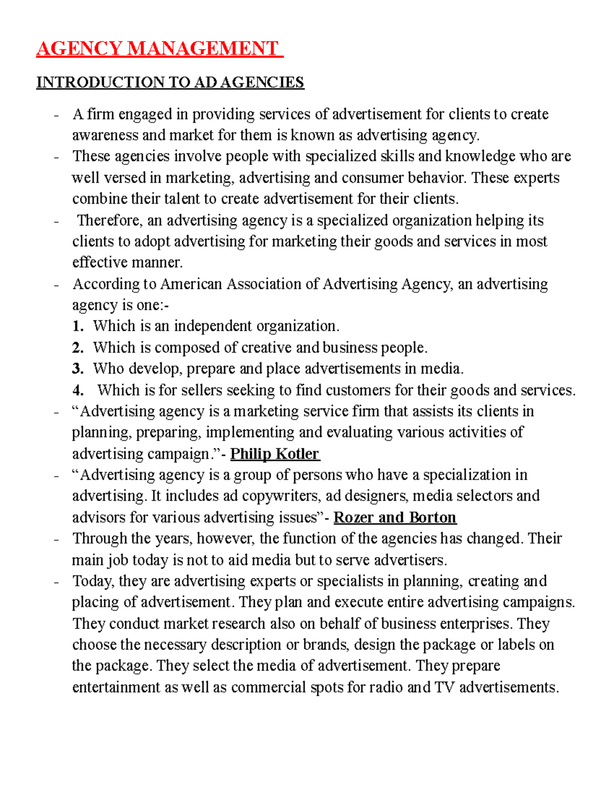 UNIT 1 - mass com - AGENCY MANAGEMENT INTRODUCTION TO AD AGENCIES A ...