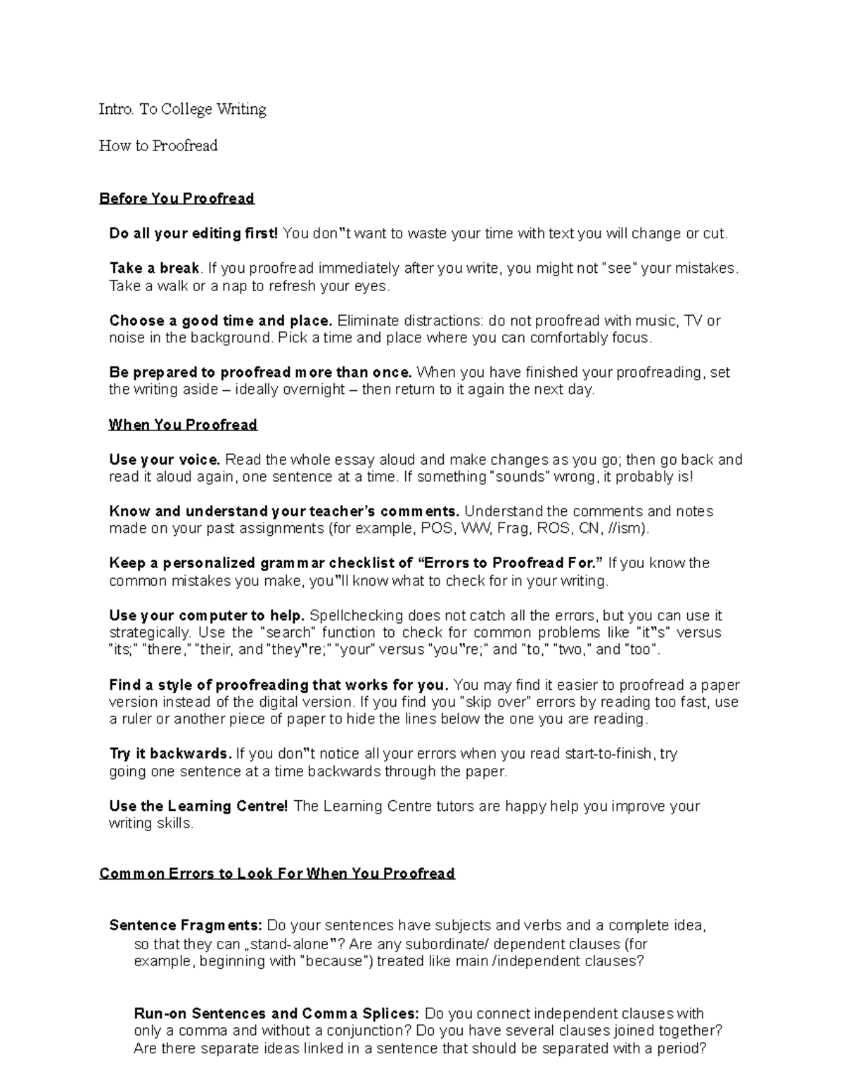 How to Proofread - Intro. To College Writing How to Proofread Before ...
