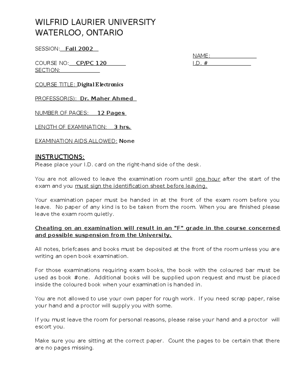 Final exam sept2002 WILFRID LAURIER UNIVERSITY WATERLOO, ONTARIO