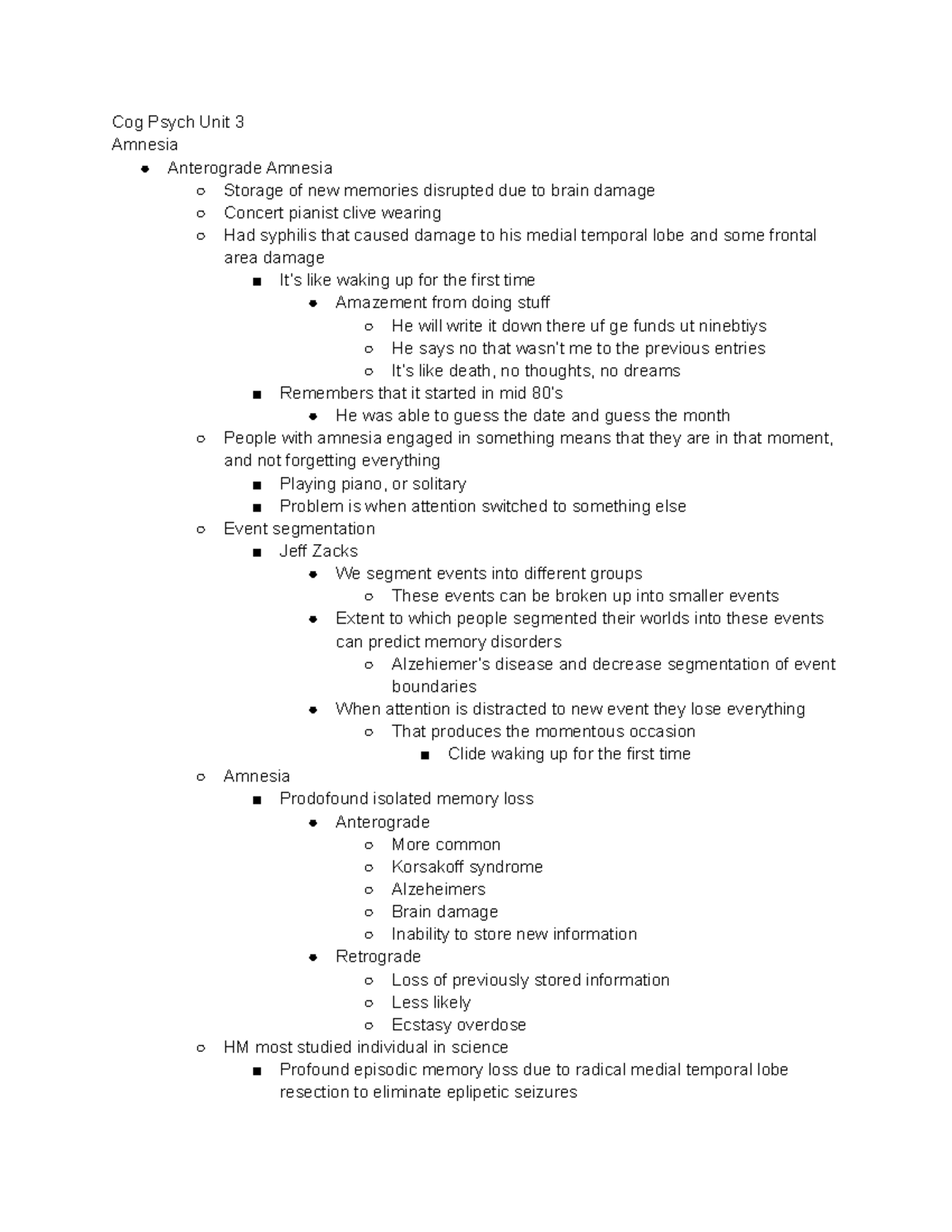 Cog Psych Unit 3 - Lecture notes Unit 4 - Cog Psych Unit 3 Amnesia ...