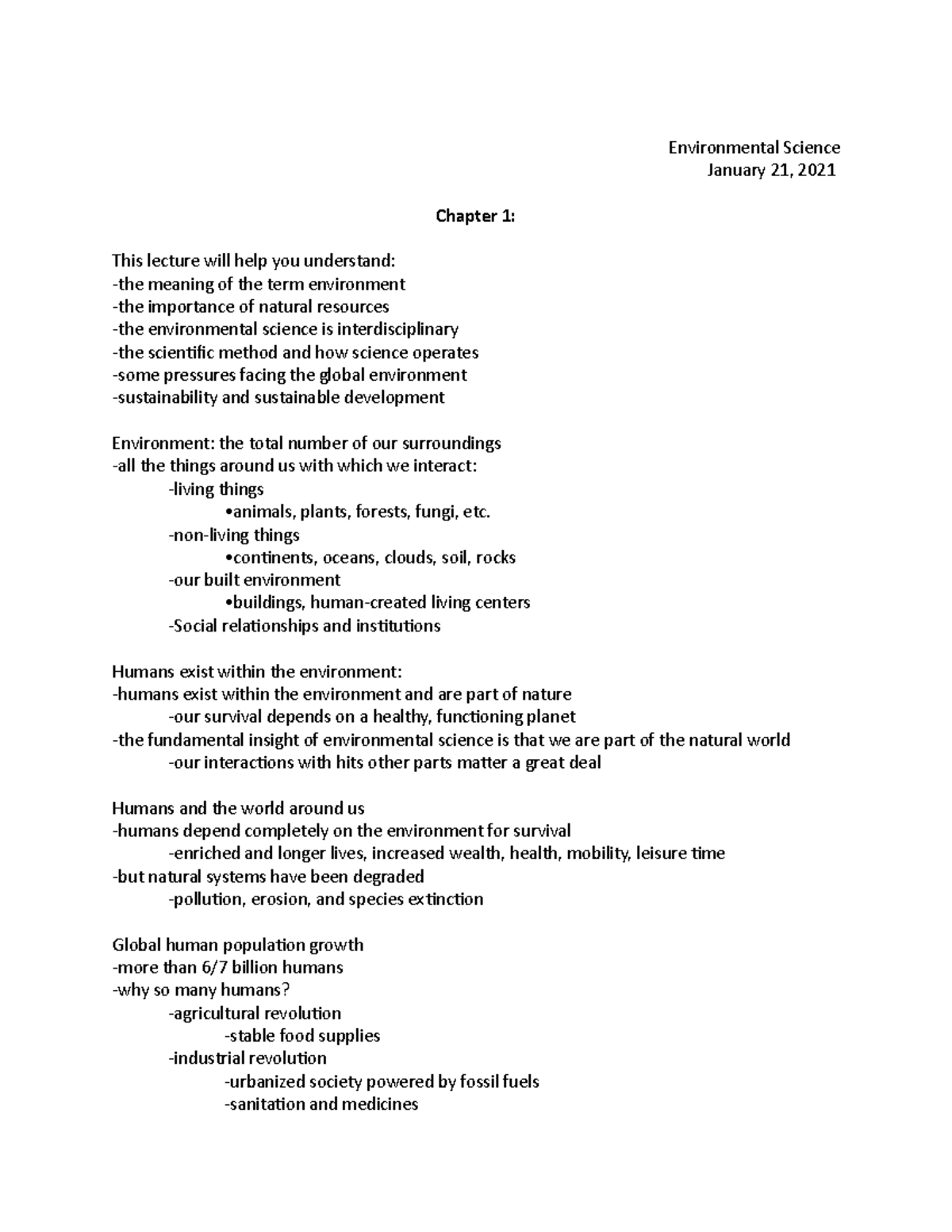 Chapter 1 notes - Environmental Science January 21, 2021 Chapter 1 ...