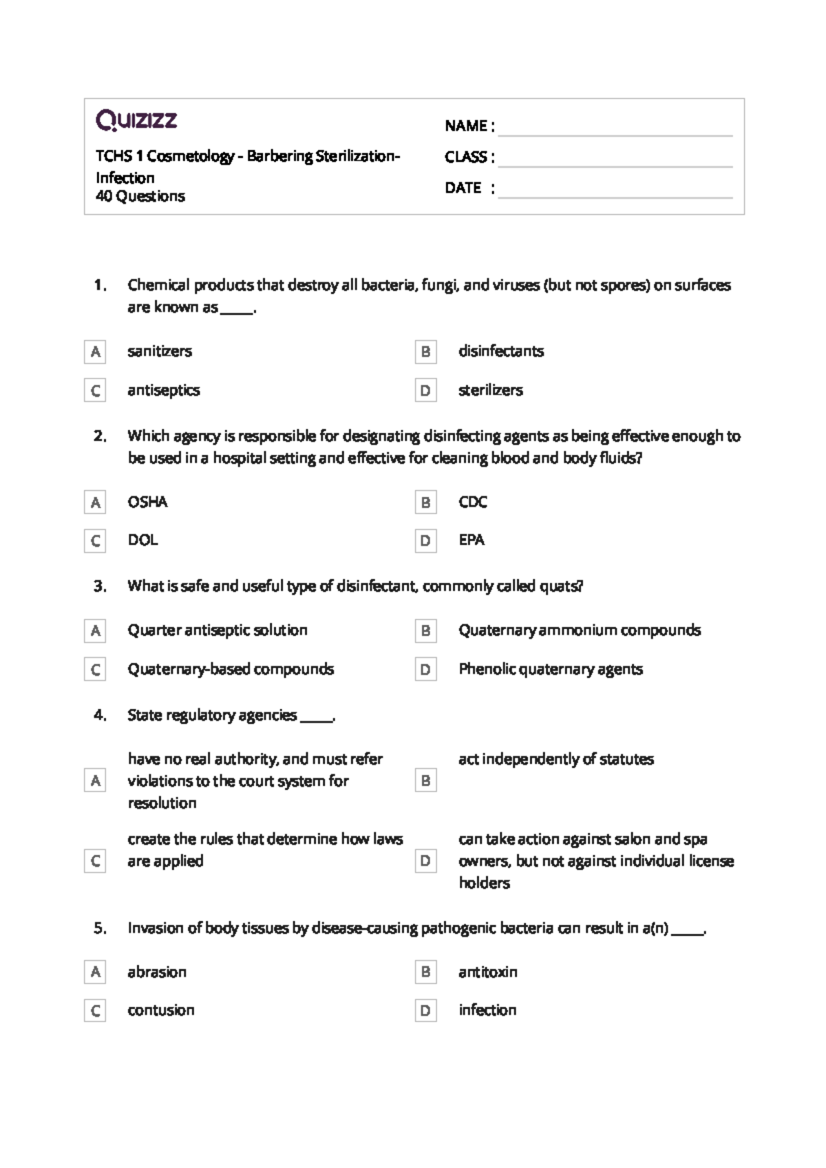 Quizz of Sterilization And Disinfection - TCHS 1 Cosmetology ...