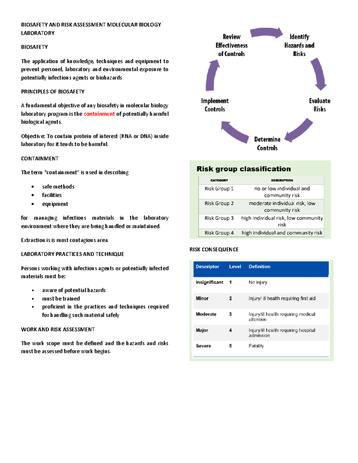 Biosafety AND RISK Assessment Molecular Biology Laboratory BIOSAFETY