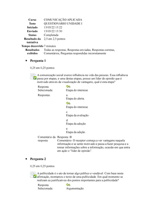 COMUNICAÇÃO E EXPRESSÃO - QUESTIONÁRIO UNIDADE II - Comunicação e