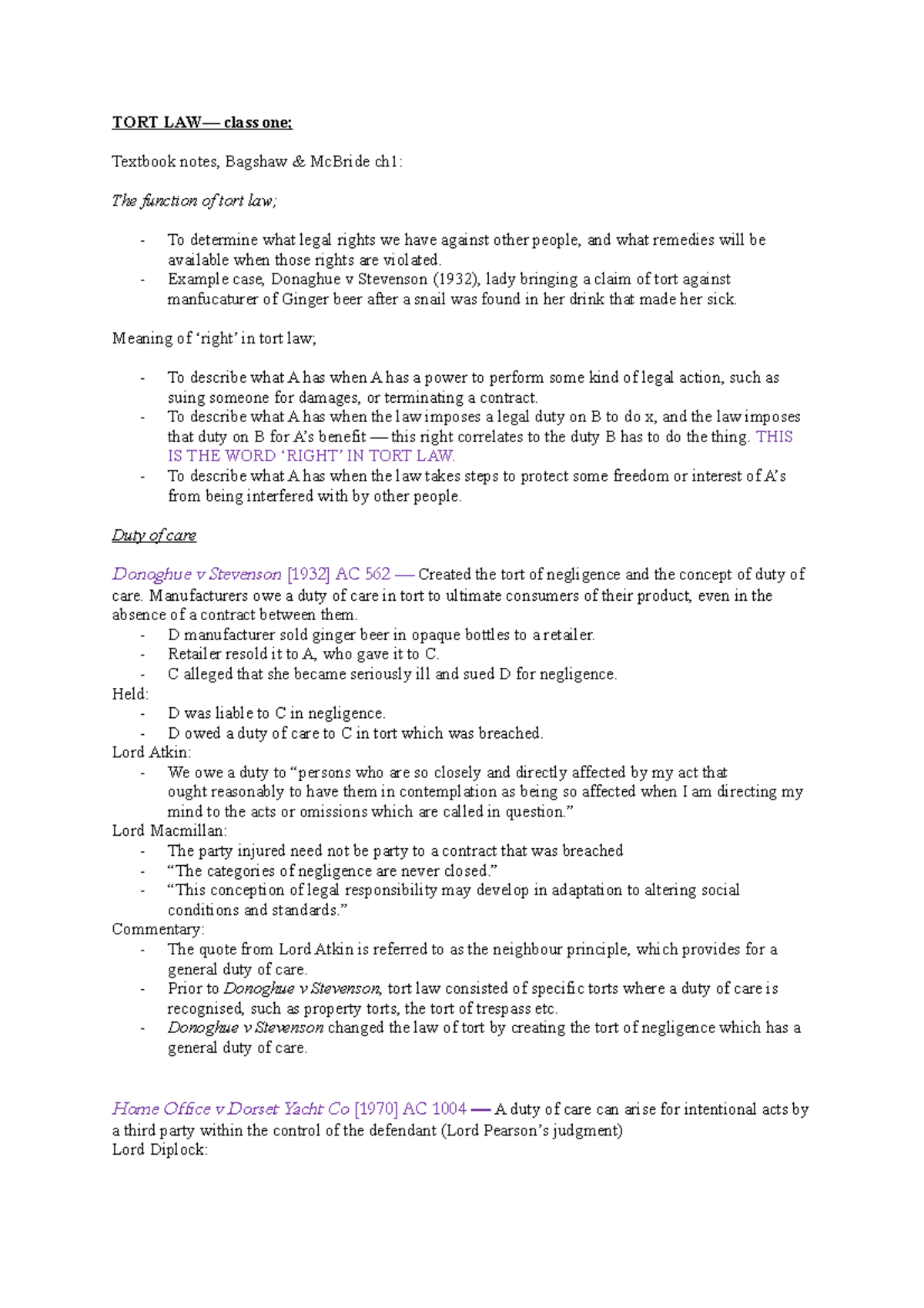 TORT LAW; C1 - TORT LAW–– Class One; Textbook Notes, Bagshaw & McBride ...