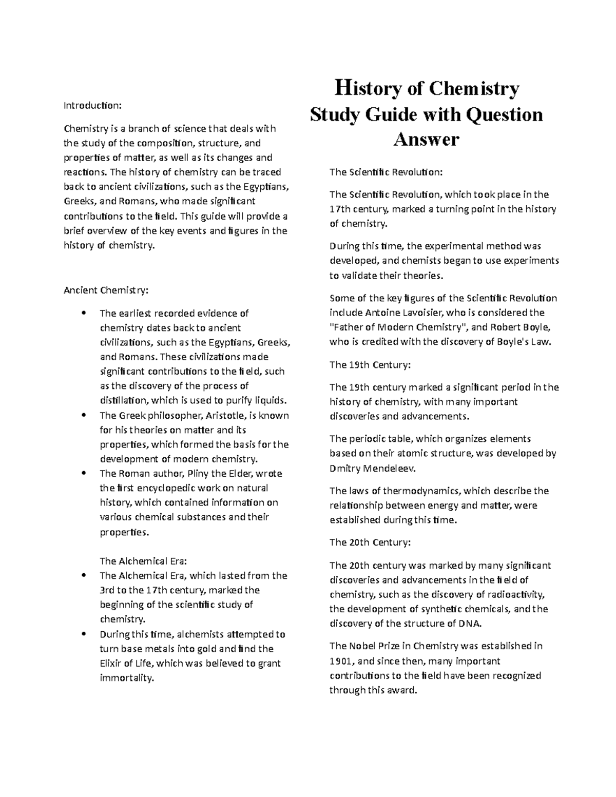 History of Chemistry Study Guide - History of Chemistry Study Guide ...