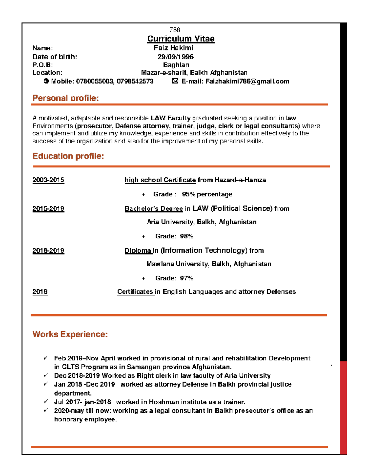 2018 Cv - It - 786 . Curriculum Vitae Name: Faiz Hakimi Date Of Birth 